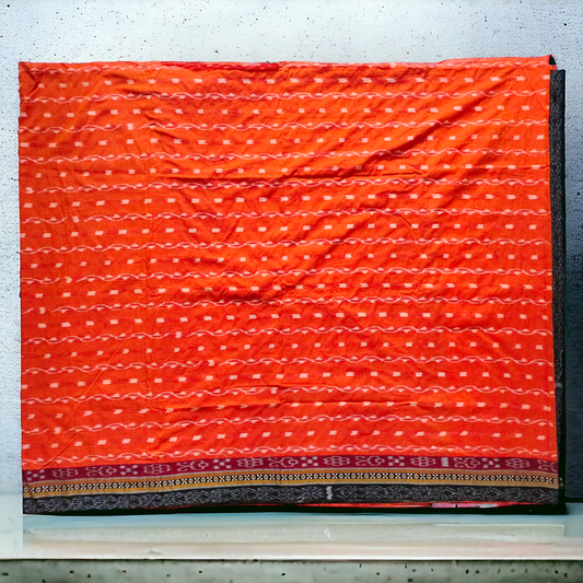 TSC Patchwork Sambalpuri Cotton Saree - Black & Orange