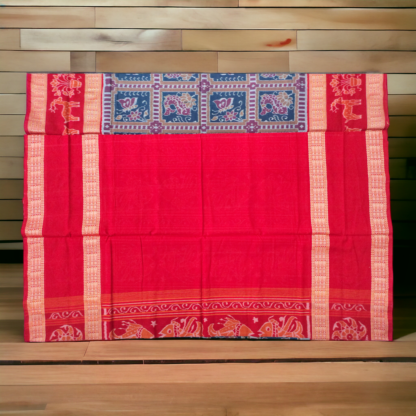 TSC Premium Sambalpuri Cotton Saree in Green and Maroon with Double Fish Motifs Border