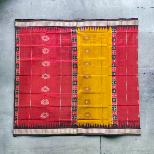 TSC Yellow and Red Bomkai Silk Saree with Brown Flower Motifs with Deuli Border