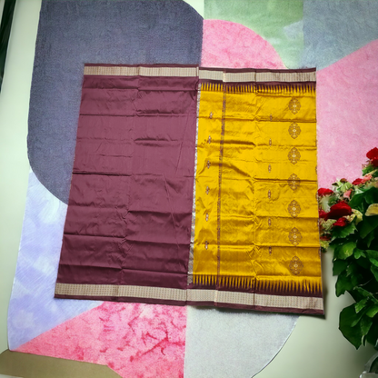 TSC Silk Sambalpuri Saree in Golden Yellow and Maroon with Peacock | Lata | Floral Motifs