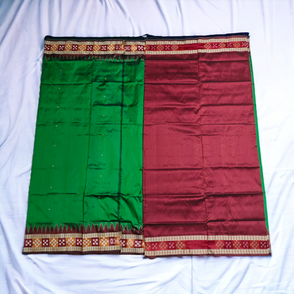 TSC Green Maroon Geometric Fusion Silk Saree