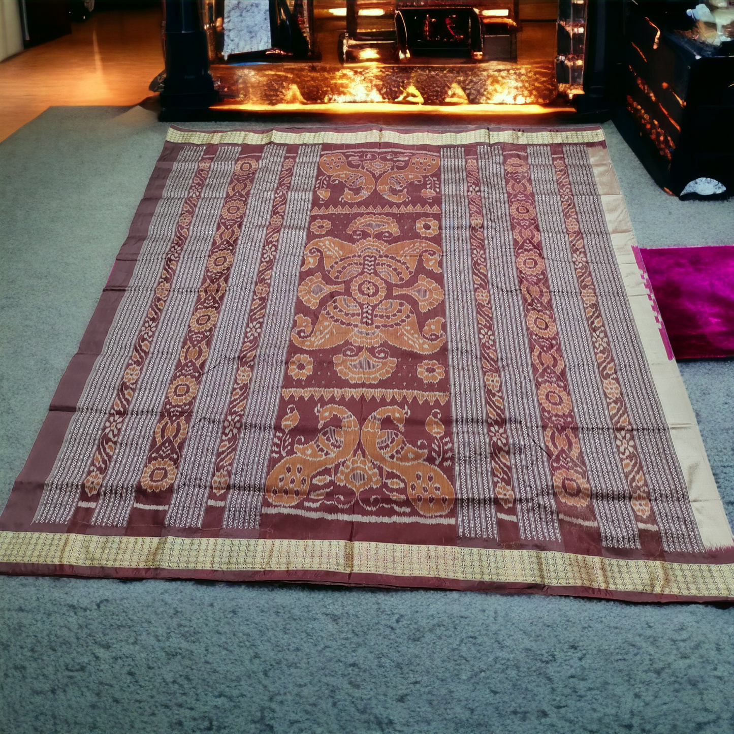 TSC Bandha Silk Saree in Silver | Pink Sapta Design | Maroon with Exquisite Motifs