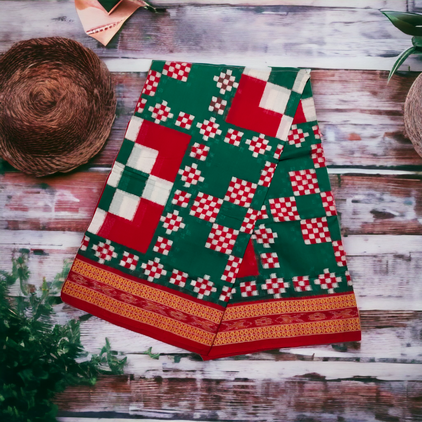 TSC Bandha Cotton Saree in Green | Red | White with Pasapalli | Sapta Designs