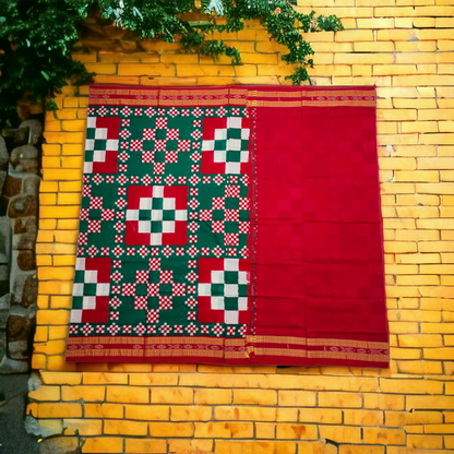 TSC Bandha Cotton Saree in Green | Red | White with Pasapalli | Sapta Designs