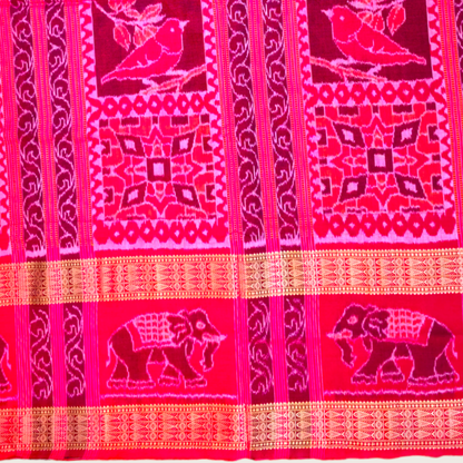 TSC Cotton Saree in Dark Green | Red with Golden Fish Motif Border | Sparrow Motif