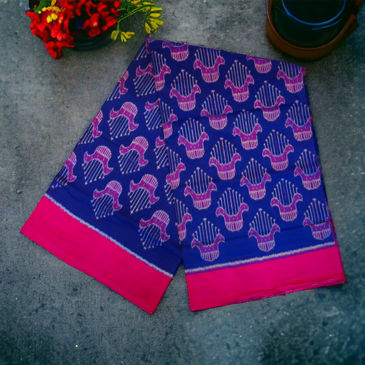 TSC Bandha Cotton Saree in Blue | Red | Maroon Pallu with Flower Motifs