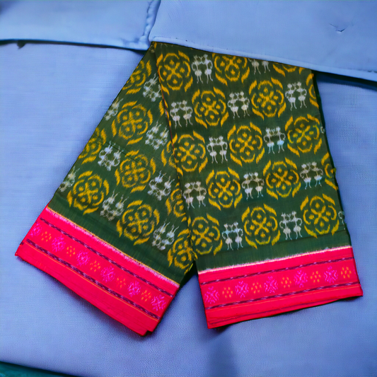 TSC Bandha Cotton Saree in Green |Yellow| Red with Tribal, Flowers | Geometrical Motifs