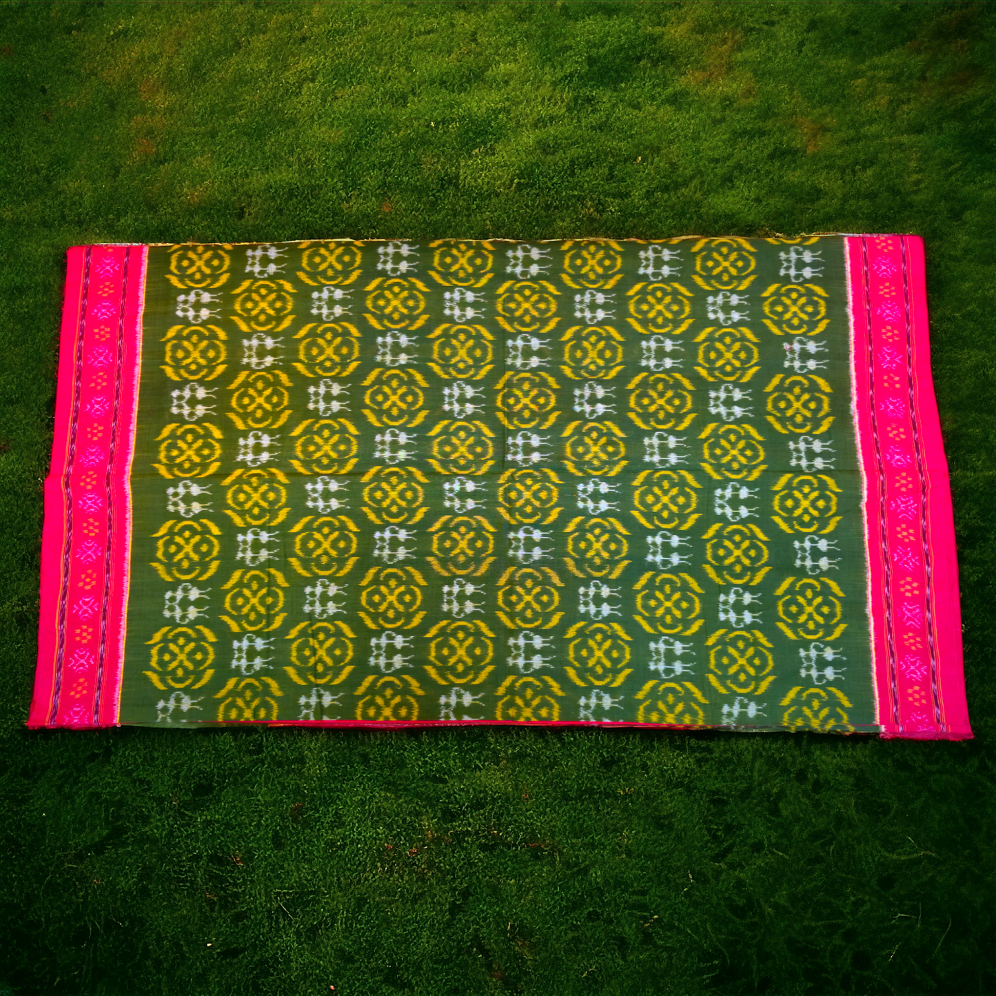 TSC Bandha Cotton Saree in Green |Yellow| Red with Tribal, Flowers | Geometrical Motifs