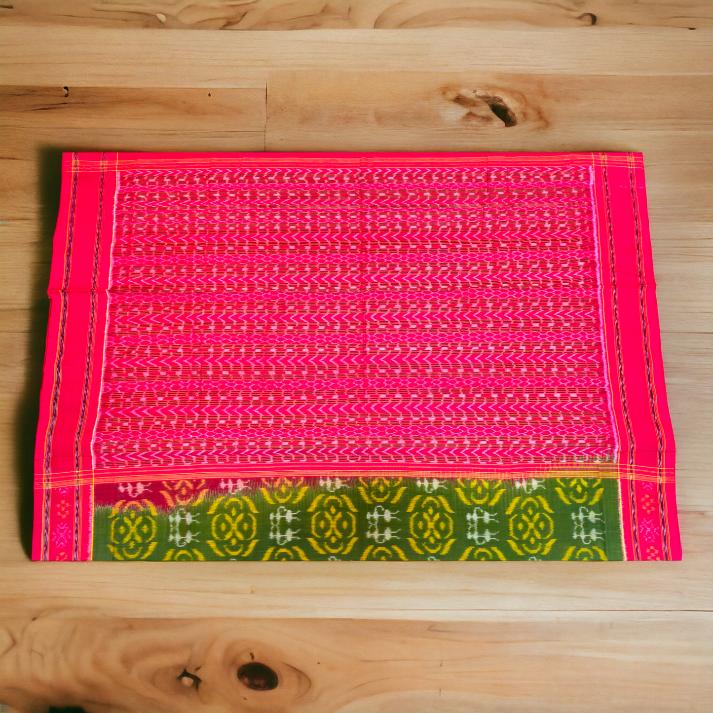 TSC Bandha Cotton Saree in Green |Yellow| Red with Tribal, Flowers | Geometrical Motifs