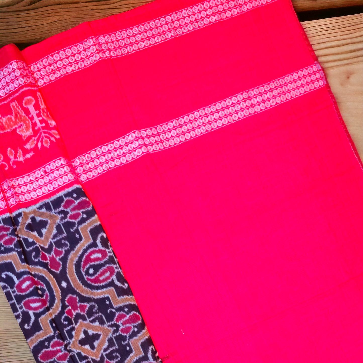 TSC Cotton Saree in Deep Blue | Red with Floral | Geometric Motifs