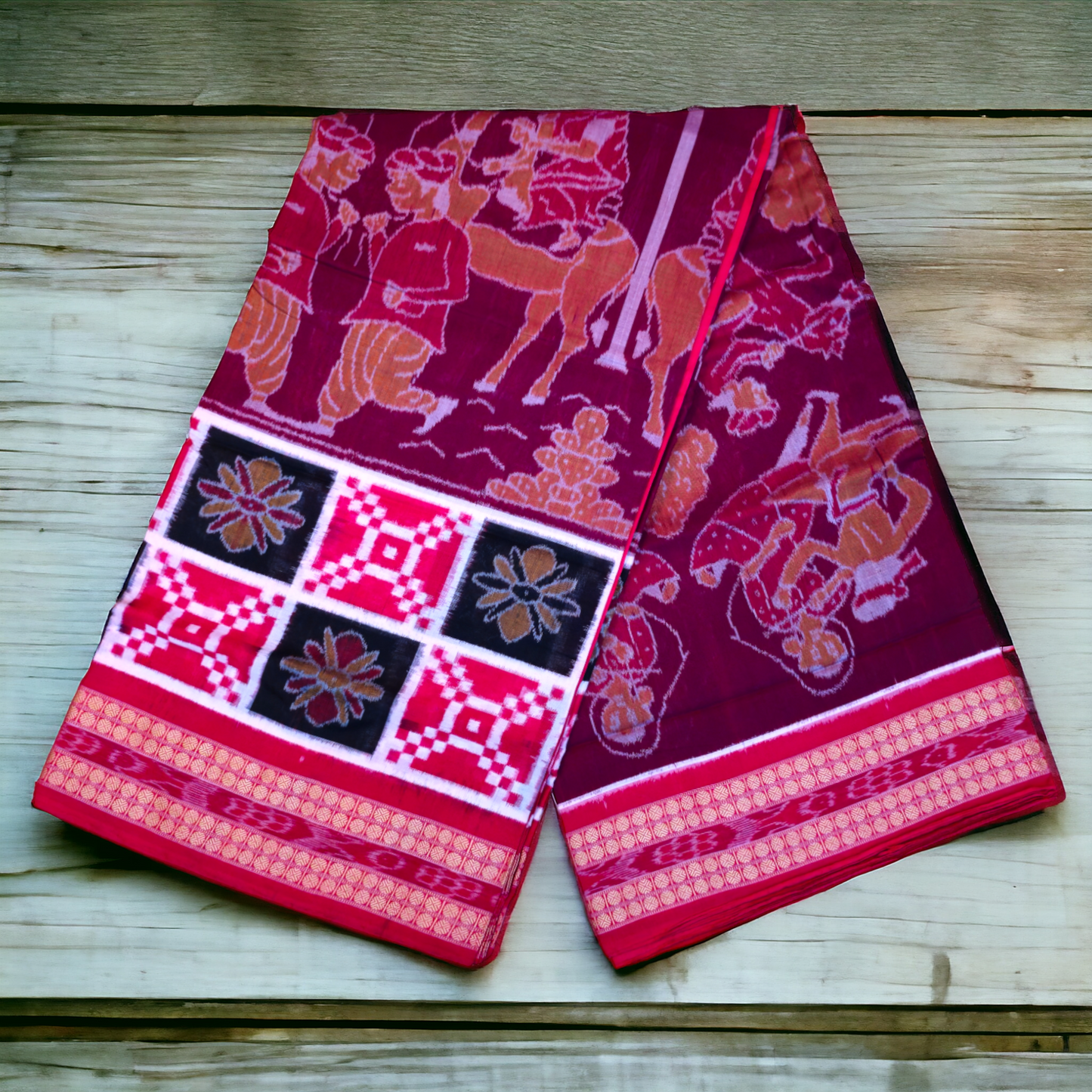 TSC Cotton Saree with Cultural Motifs in Deep Brown | Red Hues