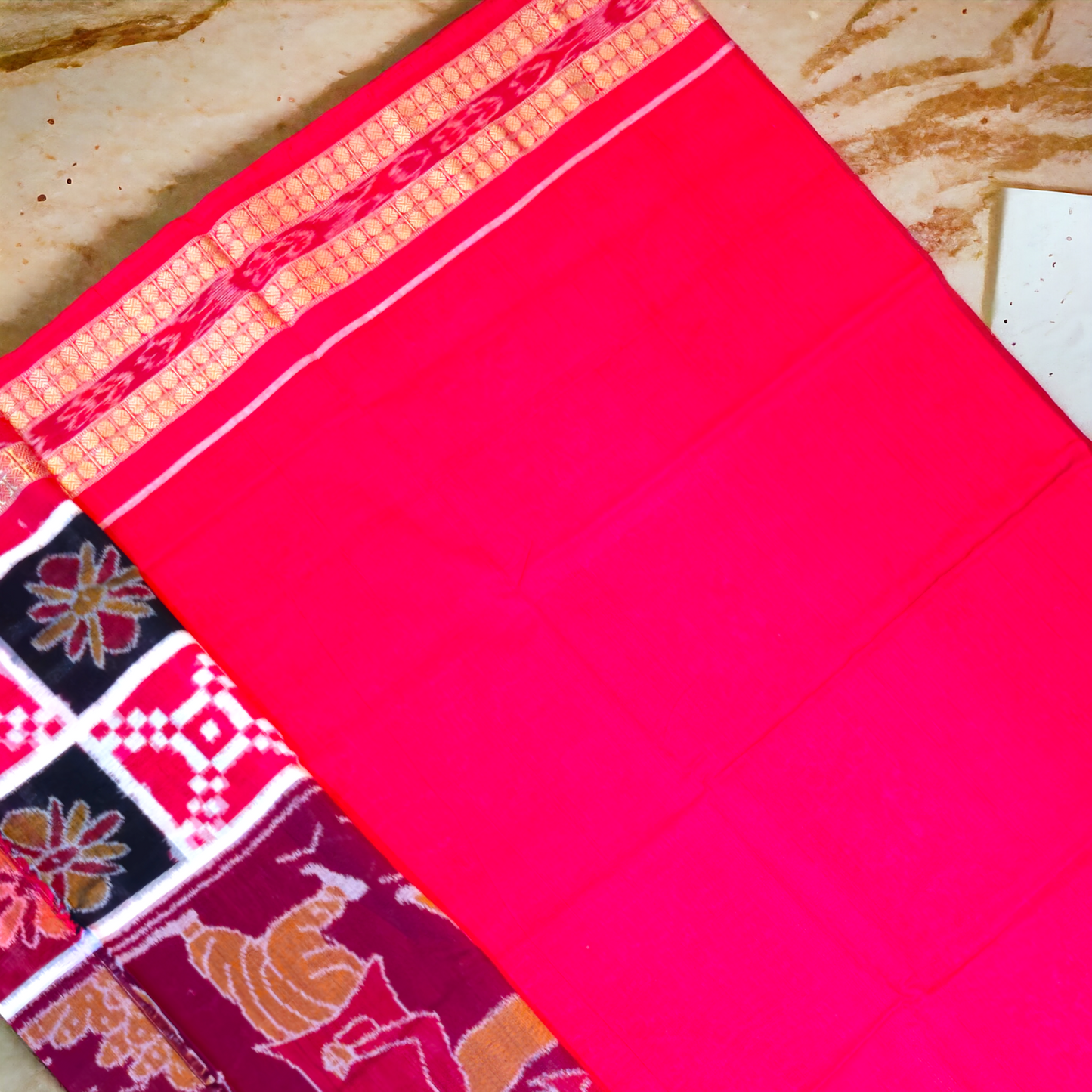 TSC Cotton Saree with Cultural Motifs in Deep Brown | Red Hues