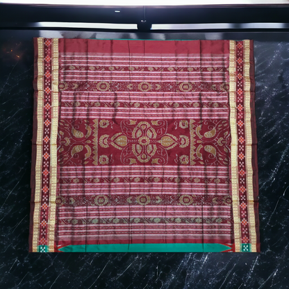 TSC Green and Dark Brown Tie-Dyed Pure Silk Bandha Saree with Fish and Peacock Motifs - Ready-to-Wear Party Saree for Women