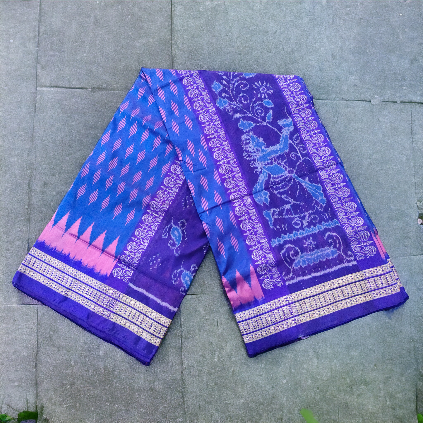 TSC Blue Silk Bandha Saree with Tribal Women and Fish Motifs