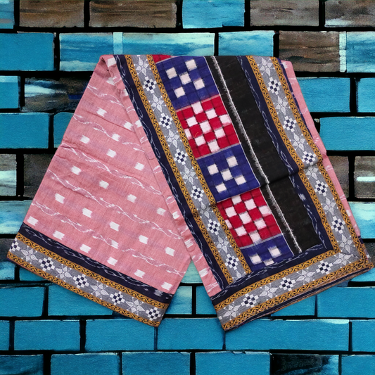 TSC Patchwork  Sambalpuri Cotton Saree - Blue & Light Pink