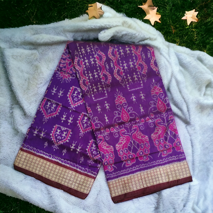 TSC Purple and Pink Sambalpuri Pure Silk Saree with Tribals and Peacock Motifs