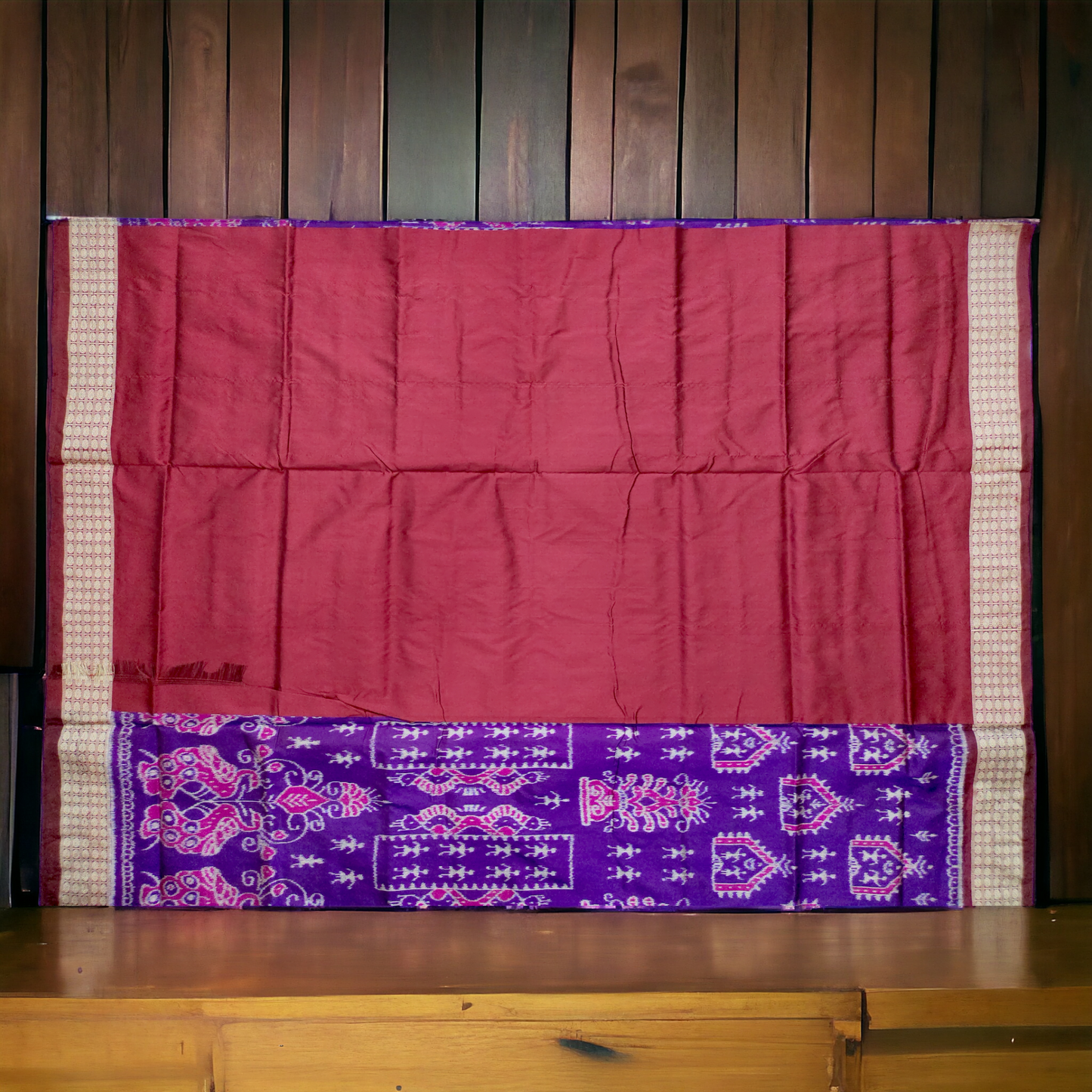 TSC Purple and Pink Sambalpuri Pure Silk Saree with Tribals and Peacock Motifs