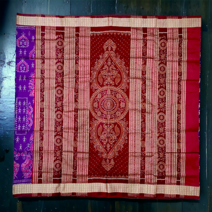 TSC Purple and Pink Sambalpuri Pure Silk Saree with Tribals and Peacock Motifs