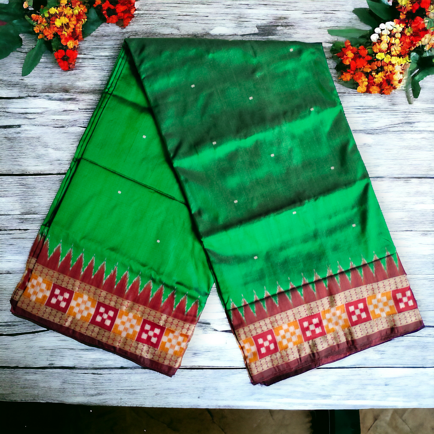 TSC Green Maroon Geometric Fusion Silk Saree