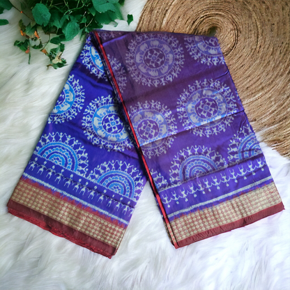 TSC Blue and Maroon Sambalpuri Pure Silk Bandha Saree with Golden Silk Threaded Flower Motifs - Authentic Ethnic Saree for Women