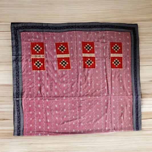 TSC Patchwork Sambalpuri Cotton Saree – Light Pink with Navy Blue Border & Maroon Pasapalli Design
