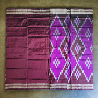 TSC Bandha and Bomkai Premium Silk Saree in Deep Purple, Coffee Brown, and Silver with Sambalpuri Motifs | Saree for events