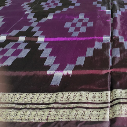 TSC Bandha and Bomkai Premium Silk Saree in Deep Purple, Coffee Brown, and Silver with Sambalpuri Motifs | Saree for events