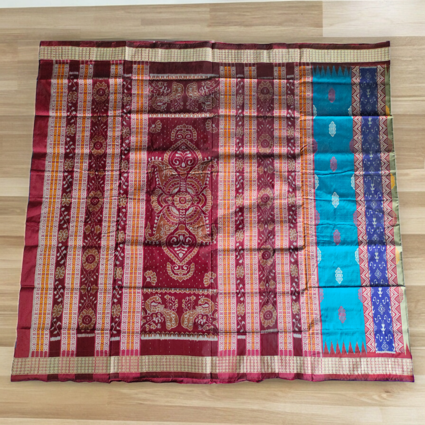 TSC Bomkai Premium Silk Saree in Golden, Teal, and Maroon | Silk saree for women