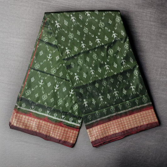 TSC Pure Bandha Silk Saree in Olive Green & Deep Maroon | Handwoven Sambalpuri Alpana & Tribal Motifs