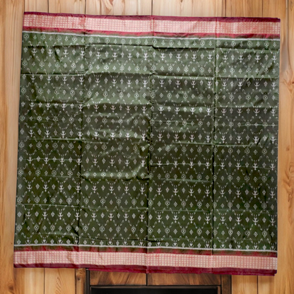 TSC Pure Bandha Silk Saree in Olive Green & Deep Maroon | Handwoven Sambalpuri Alpana & Tribal Motifs