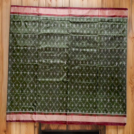 TSC Pure Bandha Silk Saree in Olive Green & Deep Maroon | Handwoven Sambalpuri Alpana & Tribal Motifs
