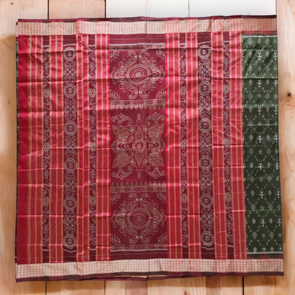 TSC Pure Bandha Silk Saree in Olive Green & Deep Maroon | Handwoven Sambalpuri Alpana & Tribal Motifs