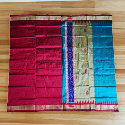 TSC Bomkai Premium Silk Saree in Golden, Teal, and Maroon | Silk saree for women