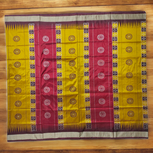 TSC Pure Bomkai Silk Saree in Golden Yellow with Pasapalli & Alpana Motifs | Handwoven Sambalpuri Silk | Perfect for Haldi, Wedding & Festive Wear