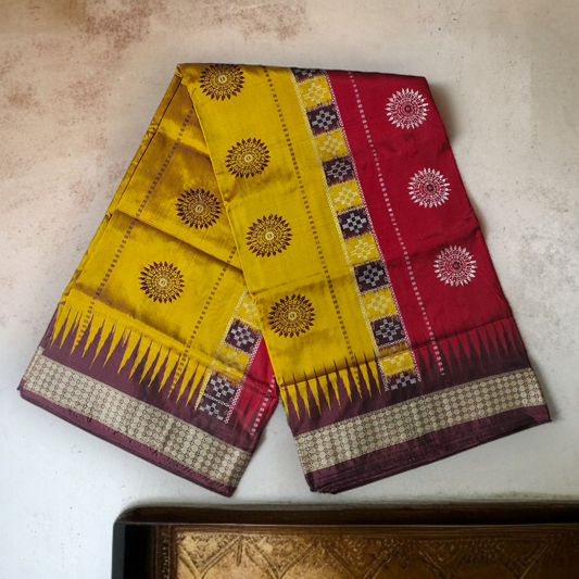 TSC Pure Bomkai Silk Saree in Golden Yellow with Pasapalli & Alpana Motifs | Handwoven Sambalpuri Silk | Perfect for Haldi, Wedding & Festive Wear