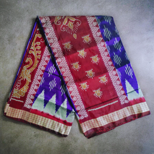 TSC Bomkai and Bandha Silk Saree in Deep Blue, Maroon, and Silver with Alpana Motifs | Silk Saree for women