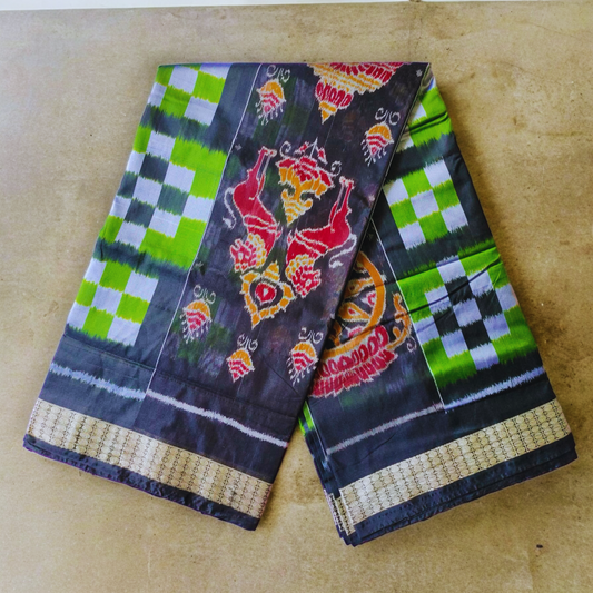 TSC Premium Green and Black Tie-Dyed Silk Saree with Pasapalli Design