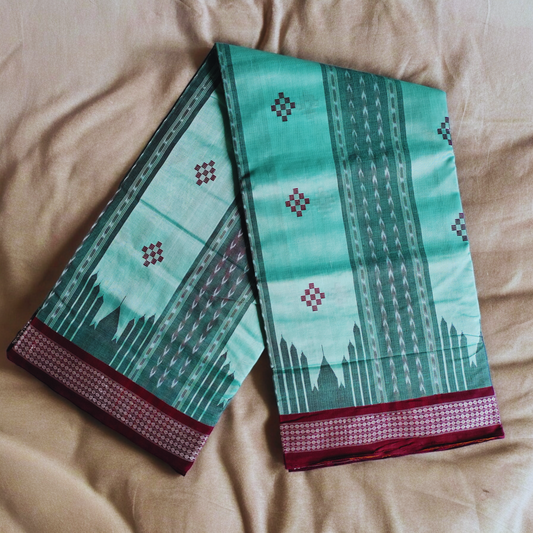 TSC Teal Green and Maroon Cotton Silk Blend Sambalpuri Saree with Pasapalli Design | Women's Saree
