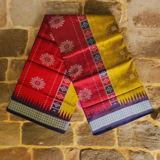 TSC Yellow and Red Bomkai Silk Saree with Brown Flower Motifs with Deuli Border