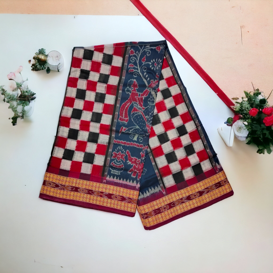 TSC Bandha Cotton Saree in Navy Blue and Maroon with Tribal Worship Motifs