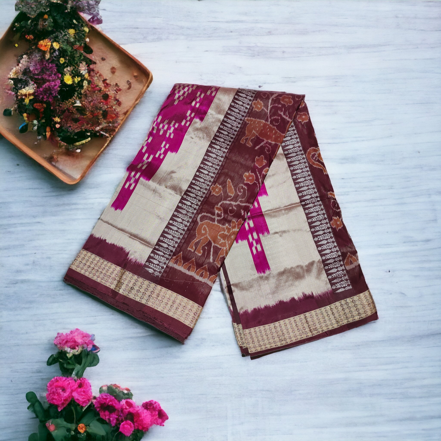 TSC Bandha Silk Saree in Silver | Pink Sapta Design | Maroon with Exquisite Motifs