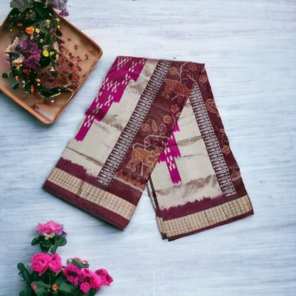 TSC Bandha Silk Saree in Silver | Pink Sapta Design | Maroon with Exquisite Motifs