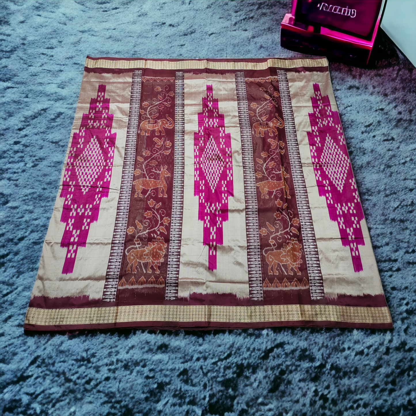 TSC Bandha Silk Saree in Silver | Pink Sapta Design | Maroon with Exquisite Motifs