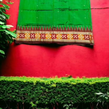 TSC Green Maroon Geometric Fusion Silk Saree