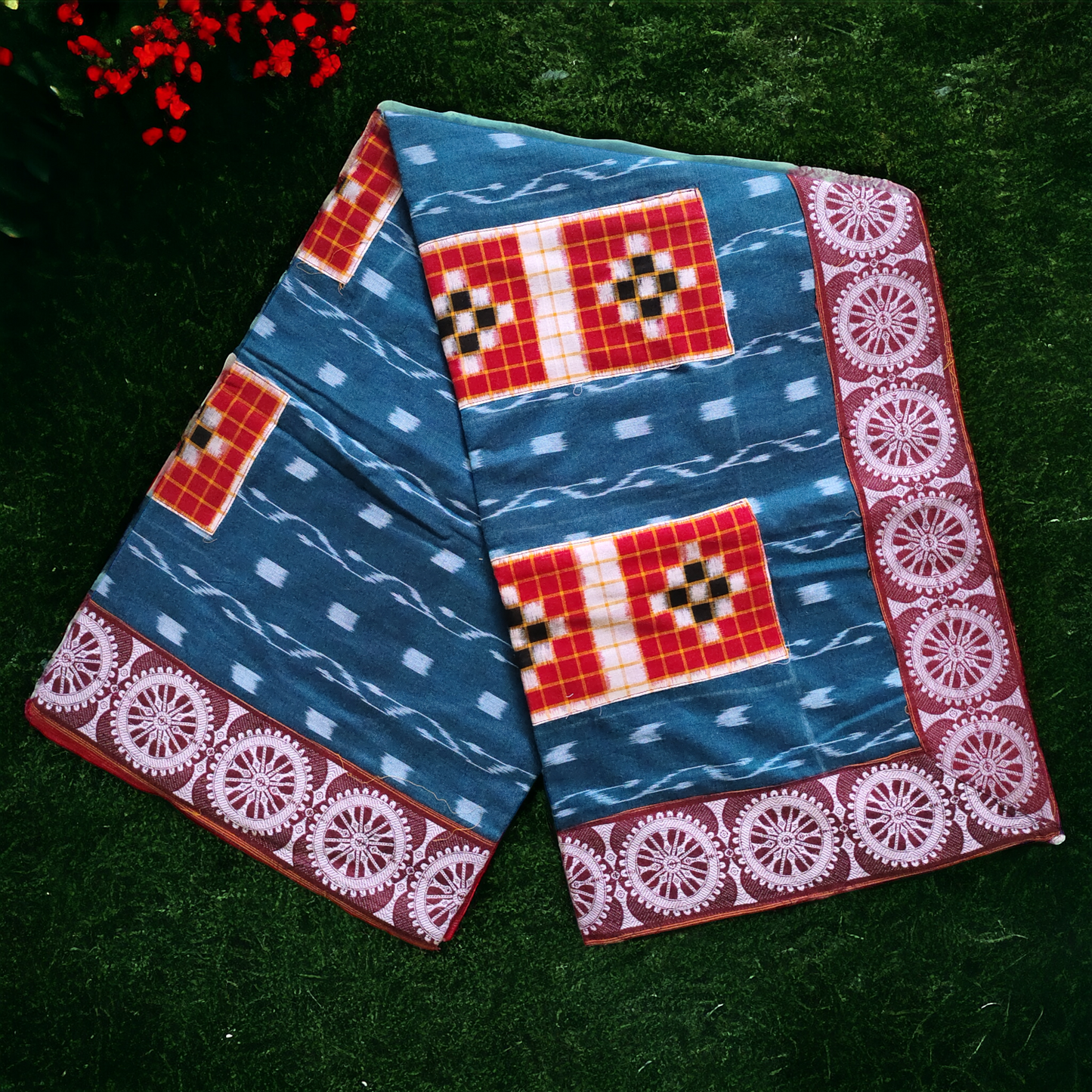 TSC Patchwork Sambalpuri Cotton Saree - Blue & Red