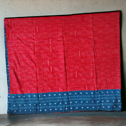 TSC Patchwork Sambalpuri Cotton Saree - Blue & Red