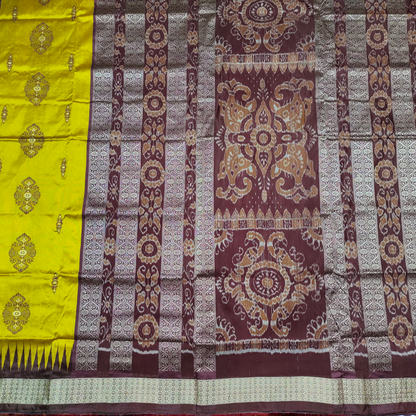 TSC Silk Sambalpuri Saree in Golden Yellow and Maroon with Peacock | Lata | Floral Motifs