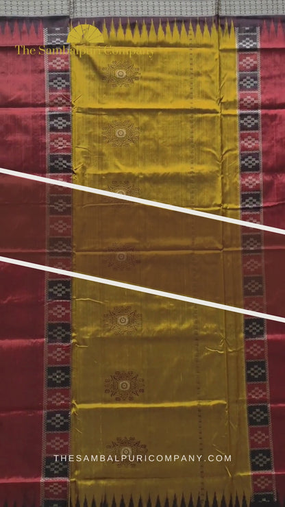 TSC Yellow and Red Bomkai Silk Saree with Brown Flower Motifs with Deuli Border