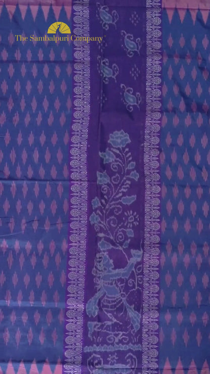 TSC Blue Silk Bandha Saree with Tribal Women and Fish Motifs