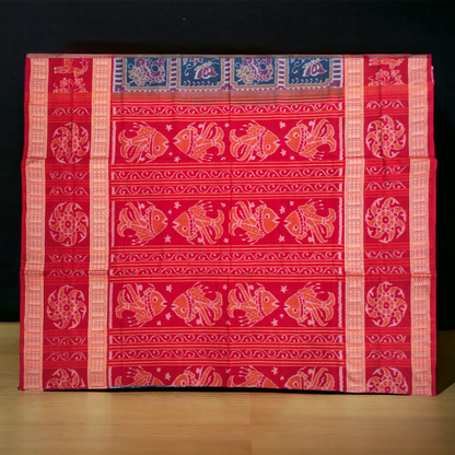 TSC Premium Sambalpuri Cotton Saree in Green and Maroon with Double Fish Motifs Border
